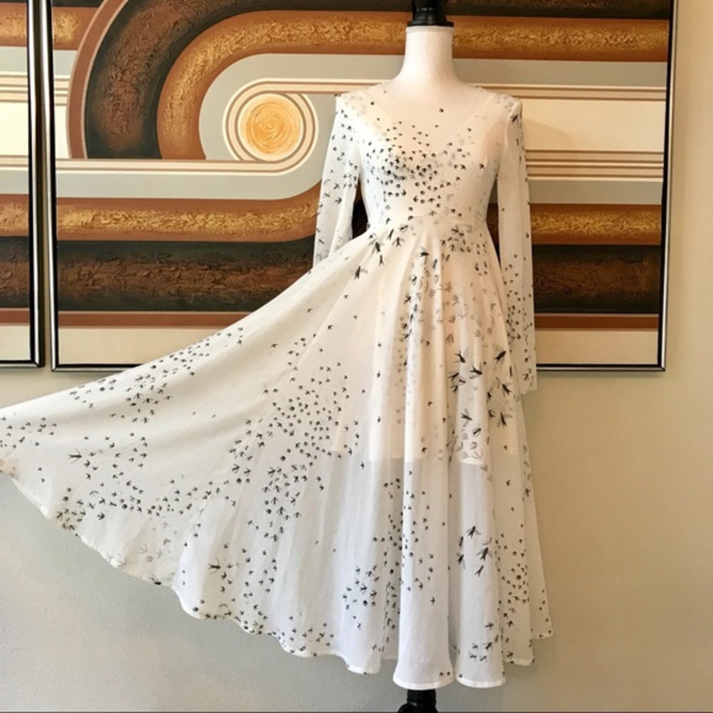 White Chiffon Bird Pattern Maxi Dress